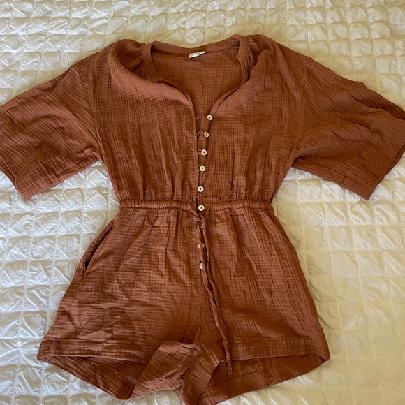 Jacks surf board gauze Rust Button-Up Romper - Picture 1 of 8
